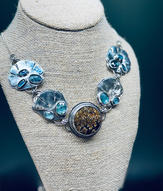 Sterling Silver Ginko Leaf Ammonite with Kyanite Statement Necklace