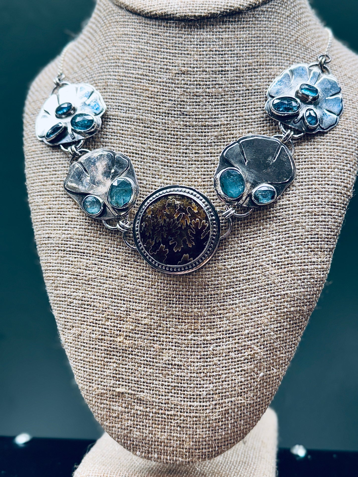 Sterling Silver Ginko Leaf Ammonite with Kyanite Statement Necklace