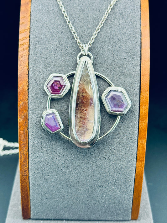 Super Seven and Silky Ruby  Sterling Silver Pendant