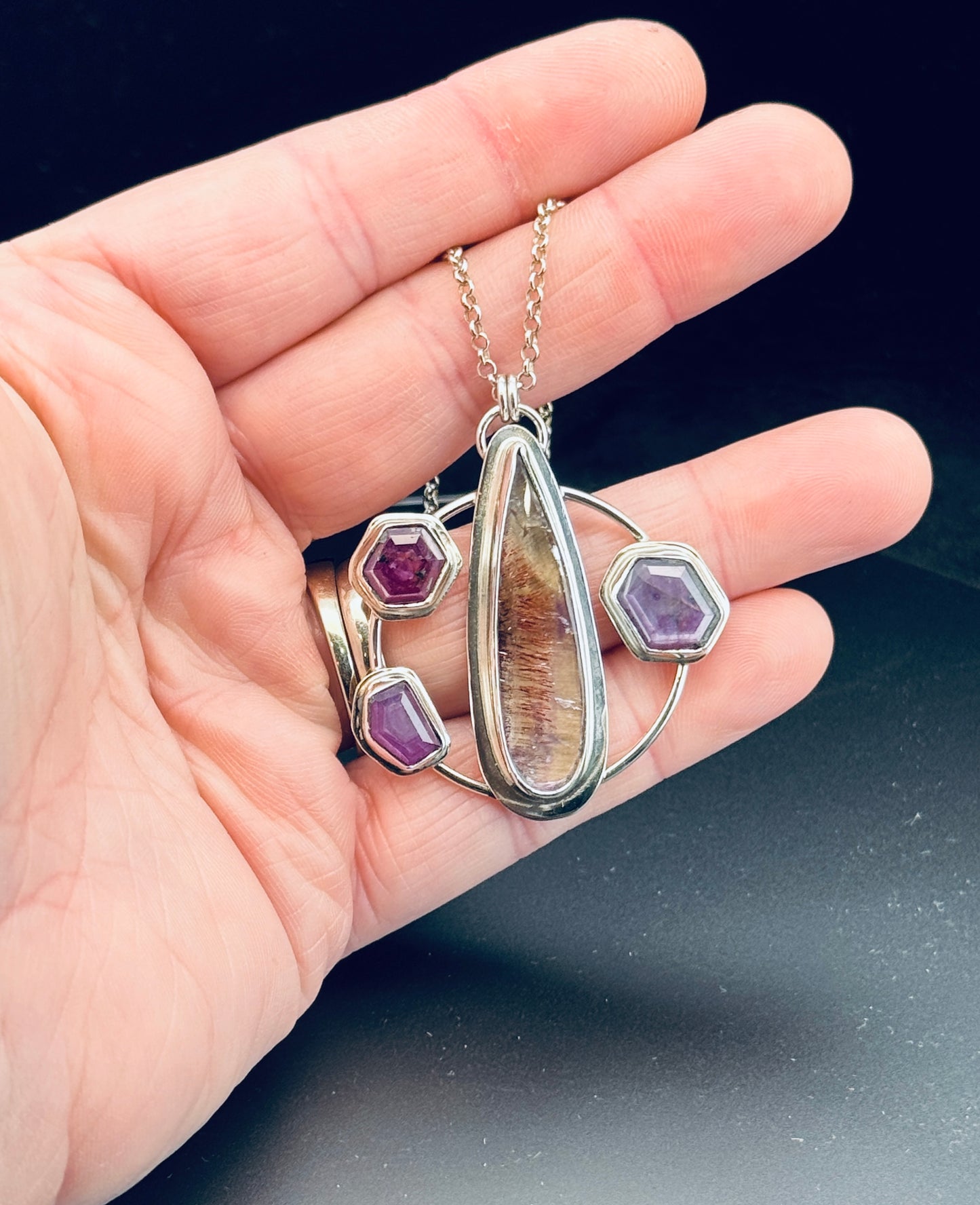 Super Seven and Silky Ruby  Sterling Silver Pendant