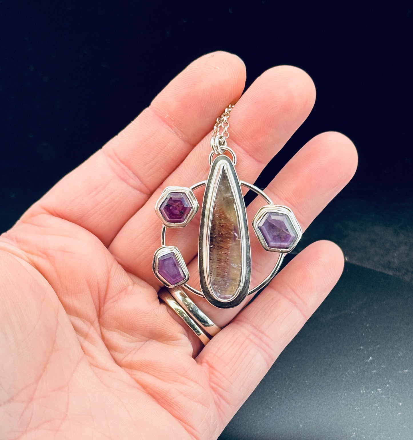 Super Seven and Silky Ruby  Sterling Silver Pendant