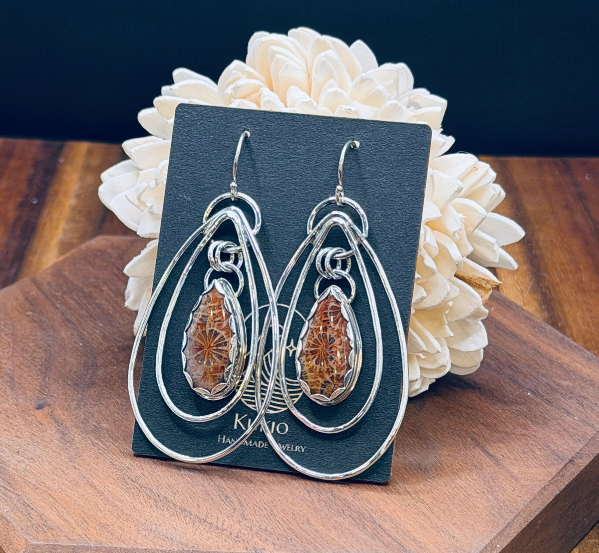Sterling Silver Fossilized Coral Teardrop Hoops