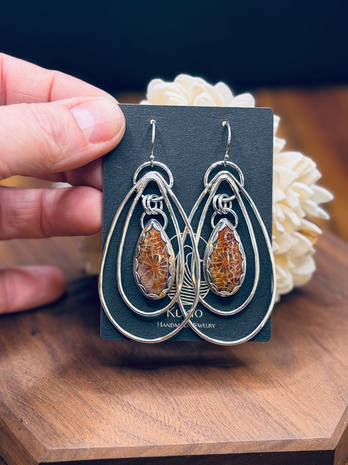 Sterling Silver Fossilized Coral Teardrop Hoops