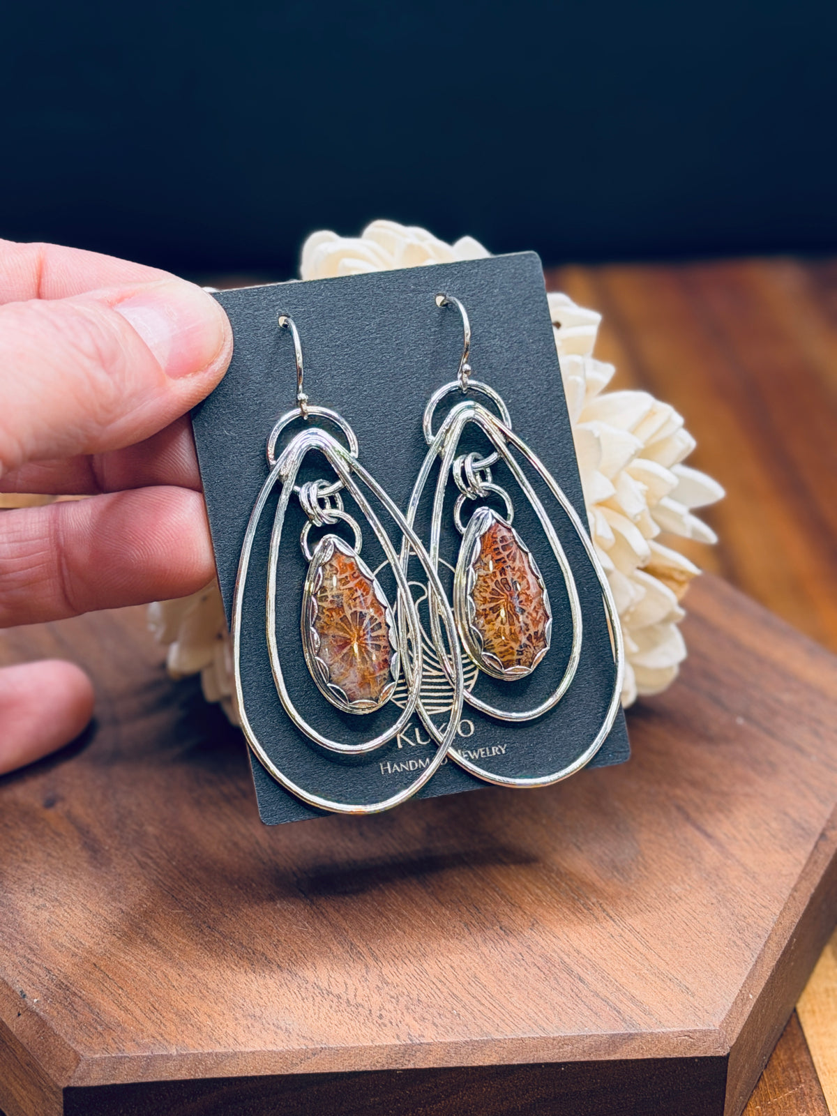 Sterling Silver Fossilized Coral Teardrop Hoops