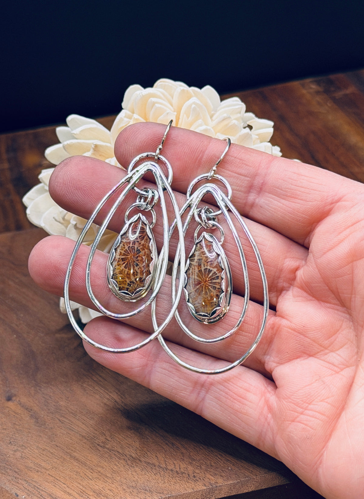Sterling Silver Fossilized Coral Teardrop Hoops