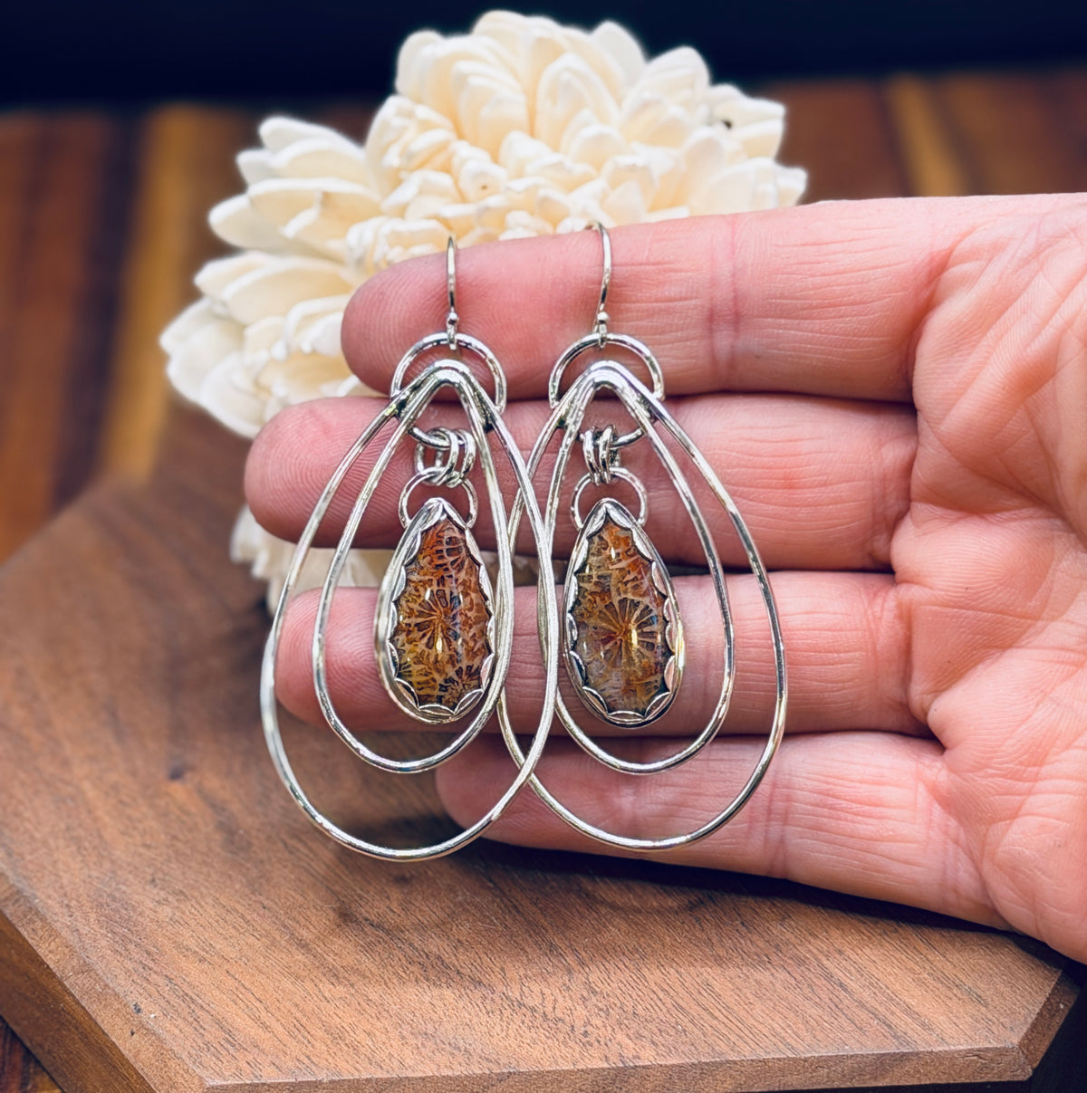Sterling Silver Fossilized Coral Teardrop Hoops