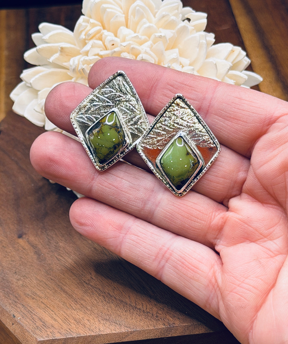 Sterling Silver + Turquoise Leaf Patterned Earrings