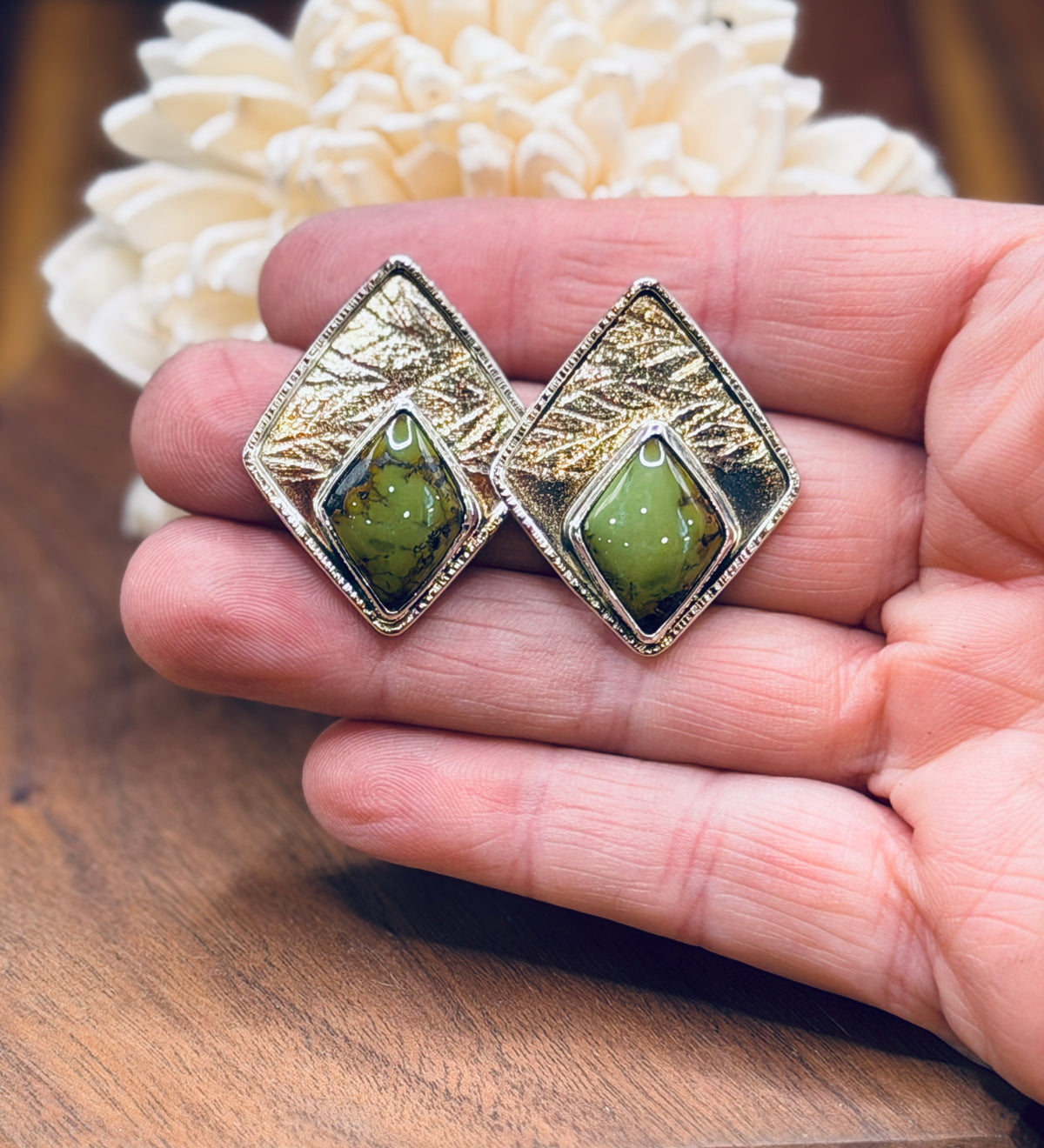 Sterling Silver + Turquoise Leaf Patterned Earrings