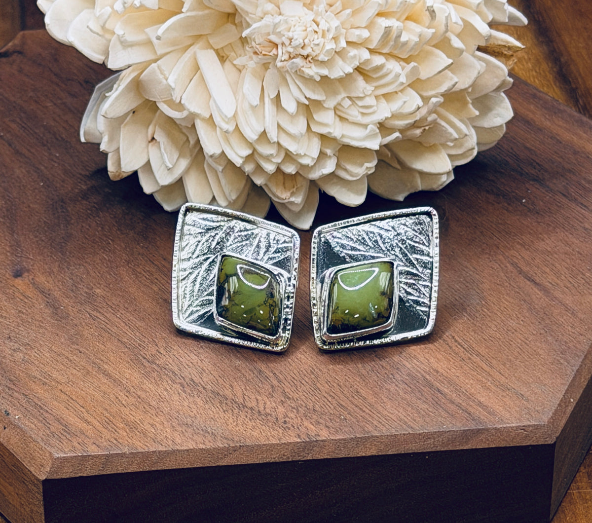 Sterling Silver + Turquoise Leaf Patterned Earrings