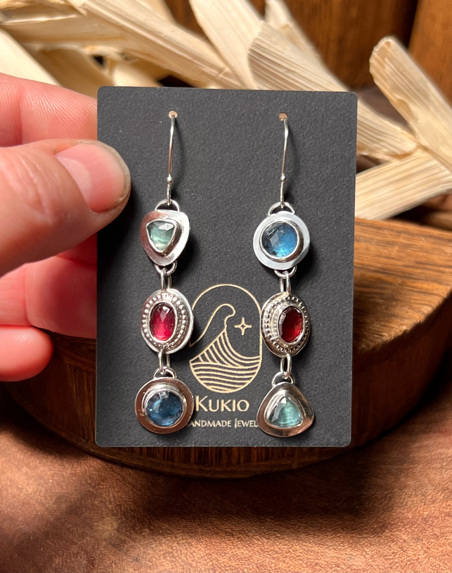 Kyanite and Rhodolite Sterling Silver Dangle Earrings