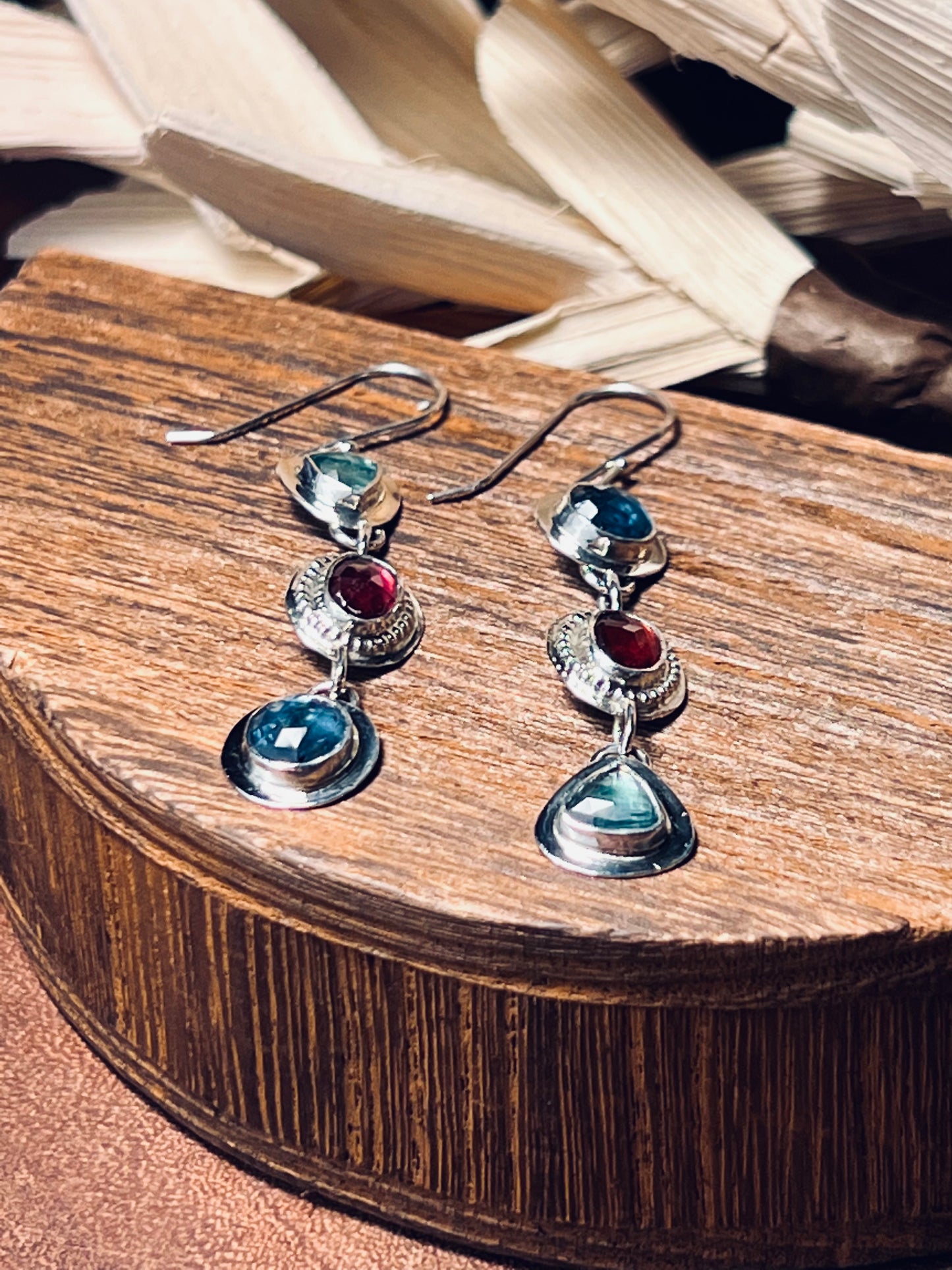 Kyanite and Rhodolite Sterling Silver Dangle Earrings