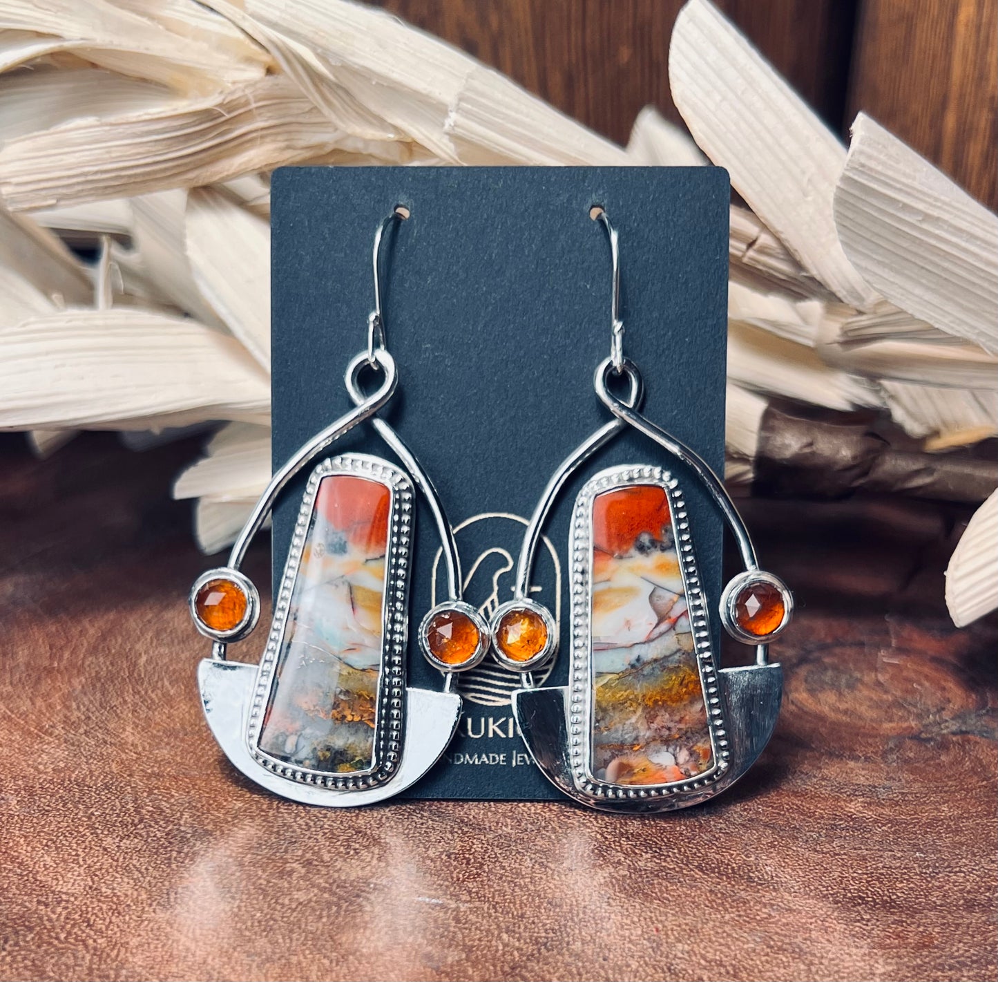 Petrified Wood and Orange Kyanite Sterling Silver Earrings