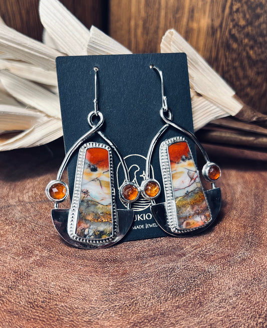 (Reserved for Marge) Petrified Wood and Orange Kyanite Sterling Silver Earrings