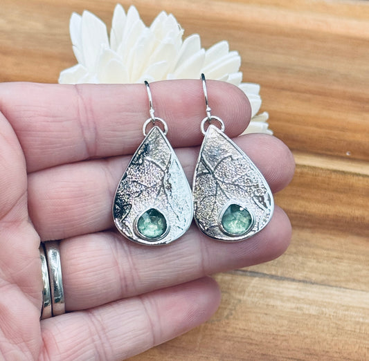 Sterling Silver Leaf Patterned Green Kyanite Earrings