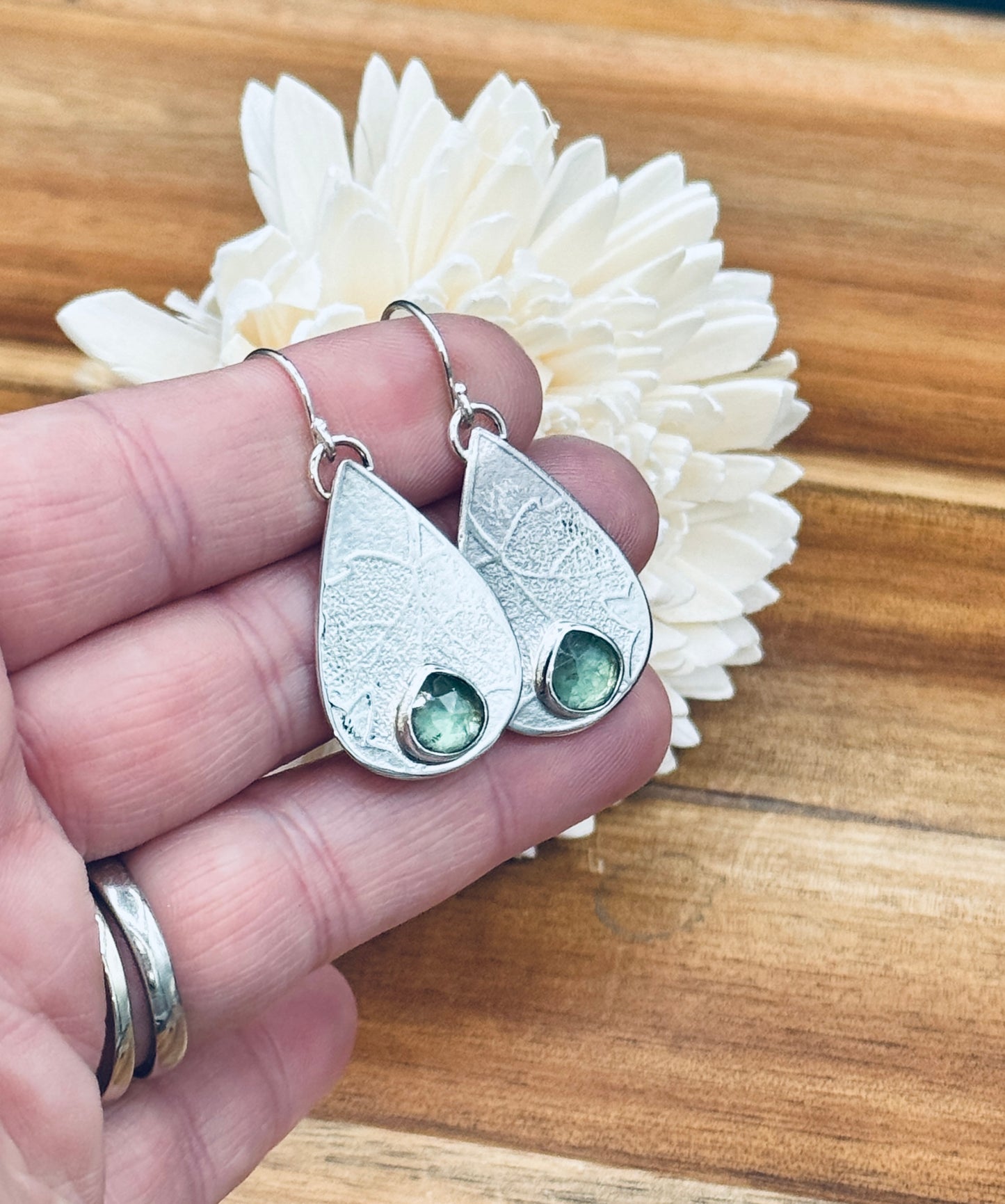 Sterling Silver Leaf Patterned Green Kyanite Earrings