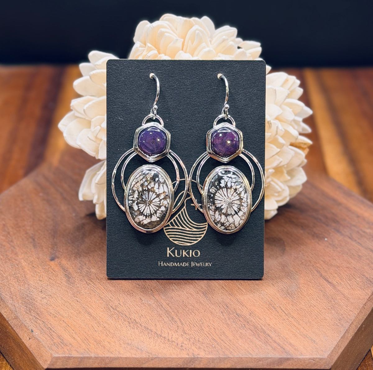 Sterling Silver Foosilized Coral and Pink Sapphire Hoops