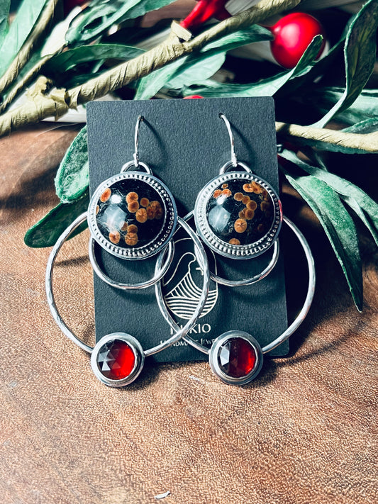 Peanut Obsidian and Garnet Sterling Silver Hoop Earrings