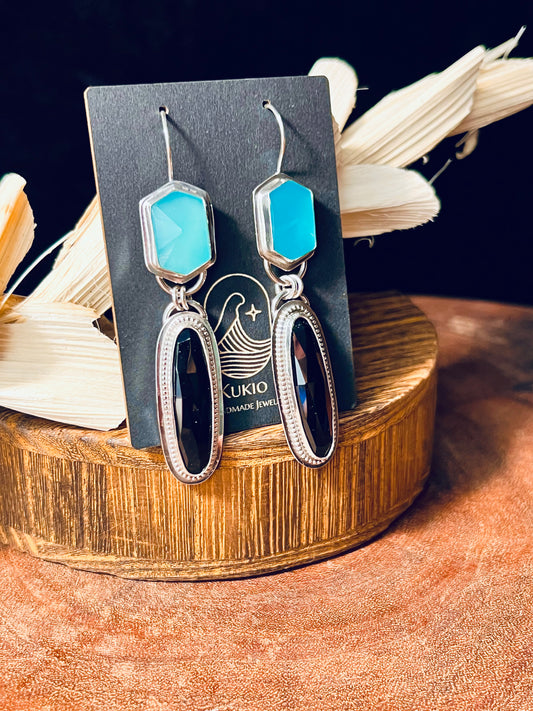 Black Onyx and Paraiba Chalcedony Sterling Silver Earrings