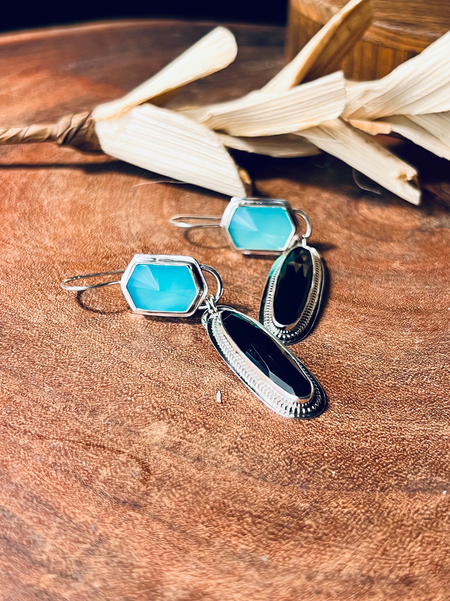 Black Onyx and Paraiba Chalcedony Sterling Silver Earrings