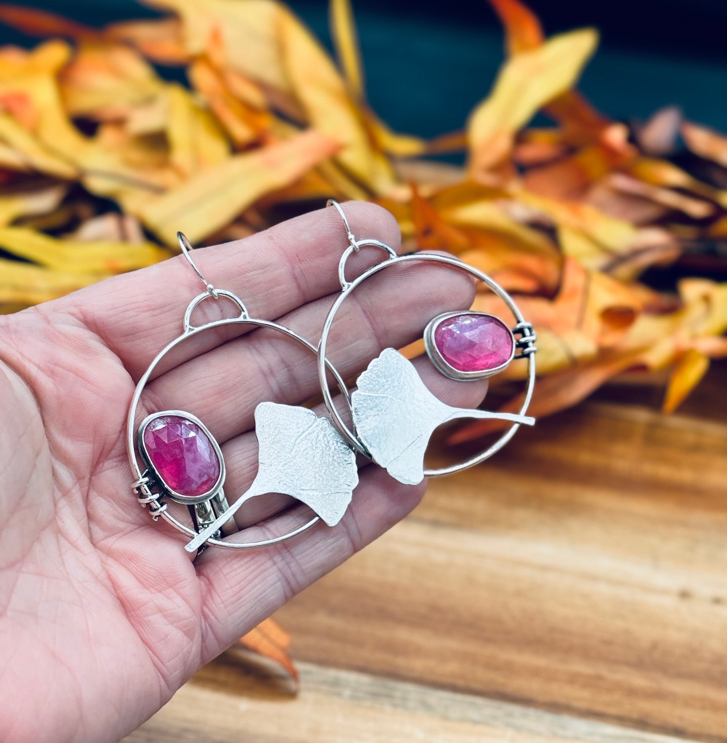 Sterling Silver Ginkgo Leaf Pink Sapphire Hoop Earrings
