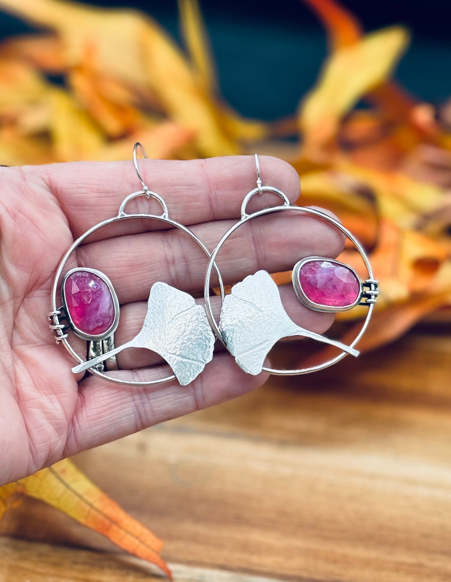 Sterling Silver Ginkgo Leaf Pink Sapphire Hoop Earrings
