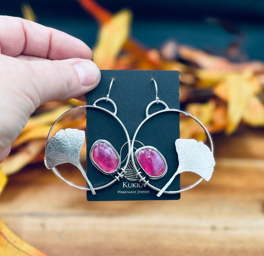 Sterling Silver Ginkgo Leaf Pink Sapphire Hoop Earrings