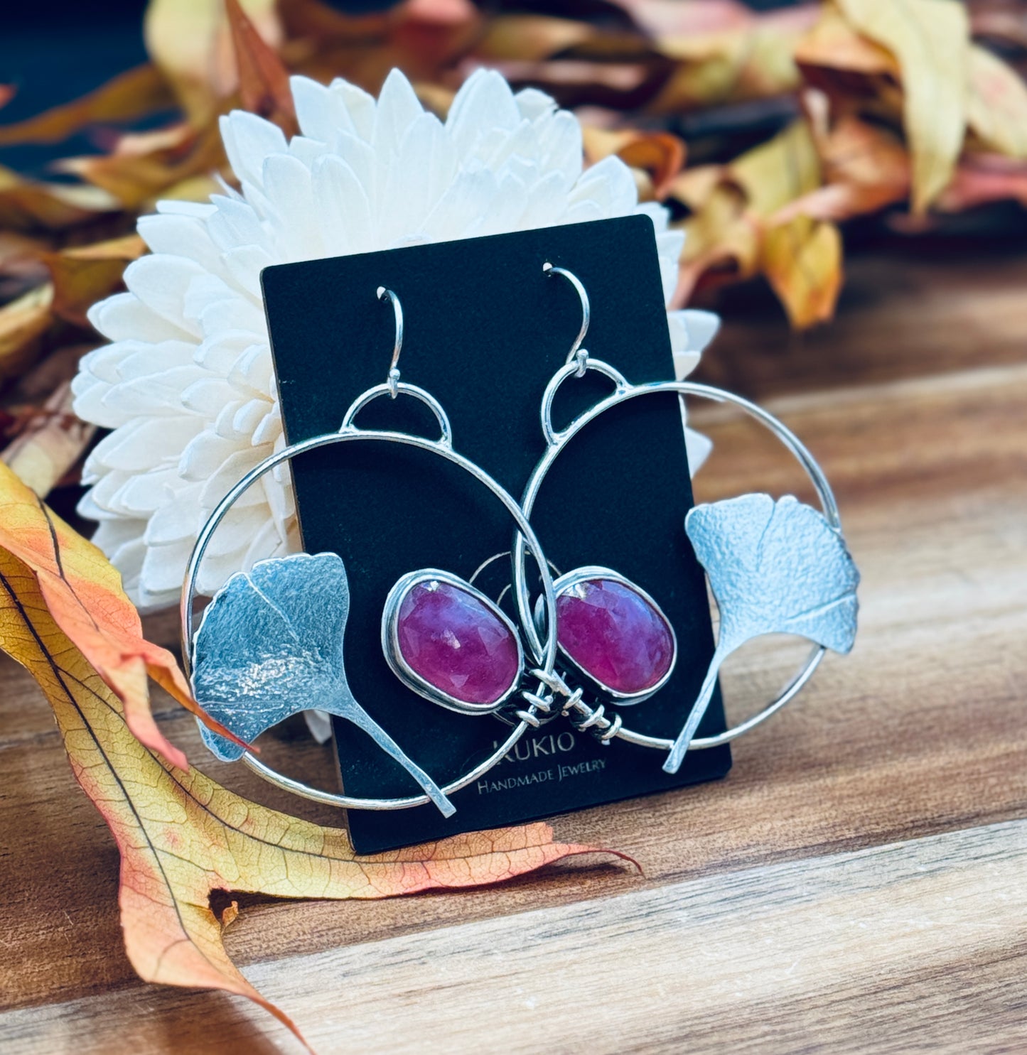 Sterling Silver Ginkgo Leaf Pink Sapphire Hoop Earrings