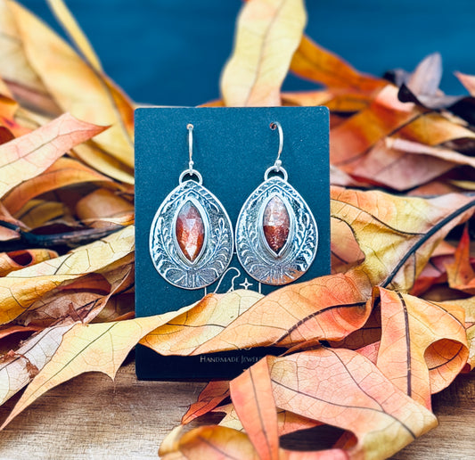Patterned Sterling Silver Madras Sunstone Earrings