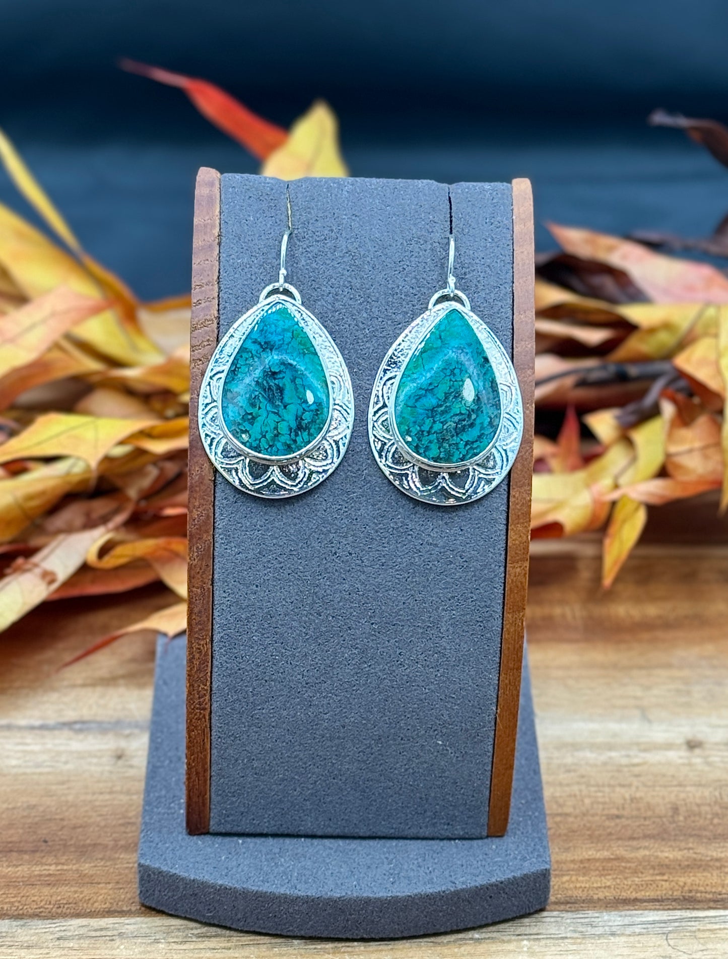 Sterling Silver Patterned Opalized Wood Earrings