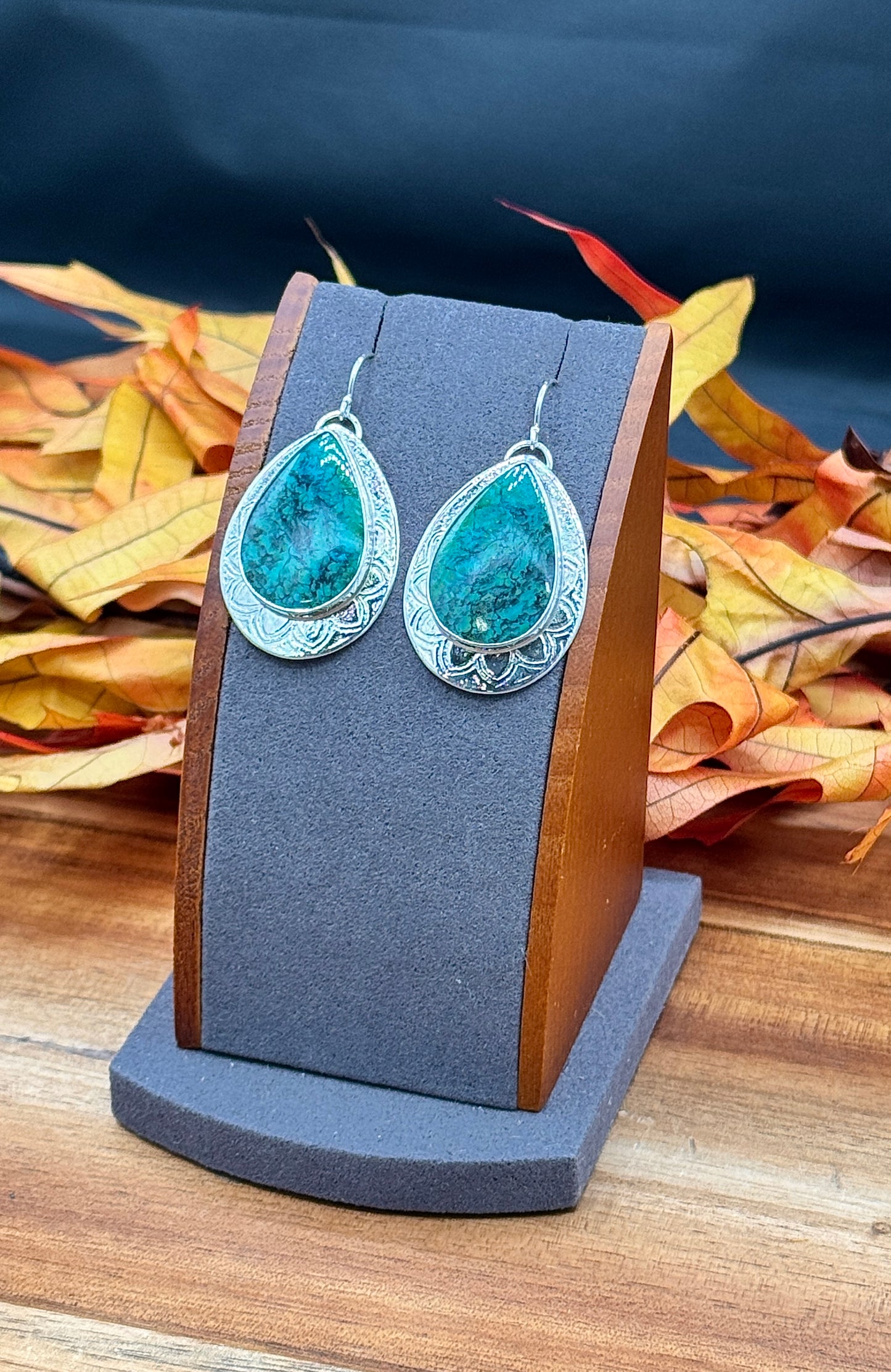 Sterling Silver Patterned Opalized Wood Earrings