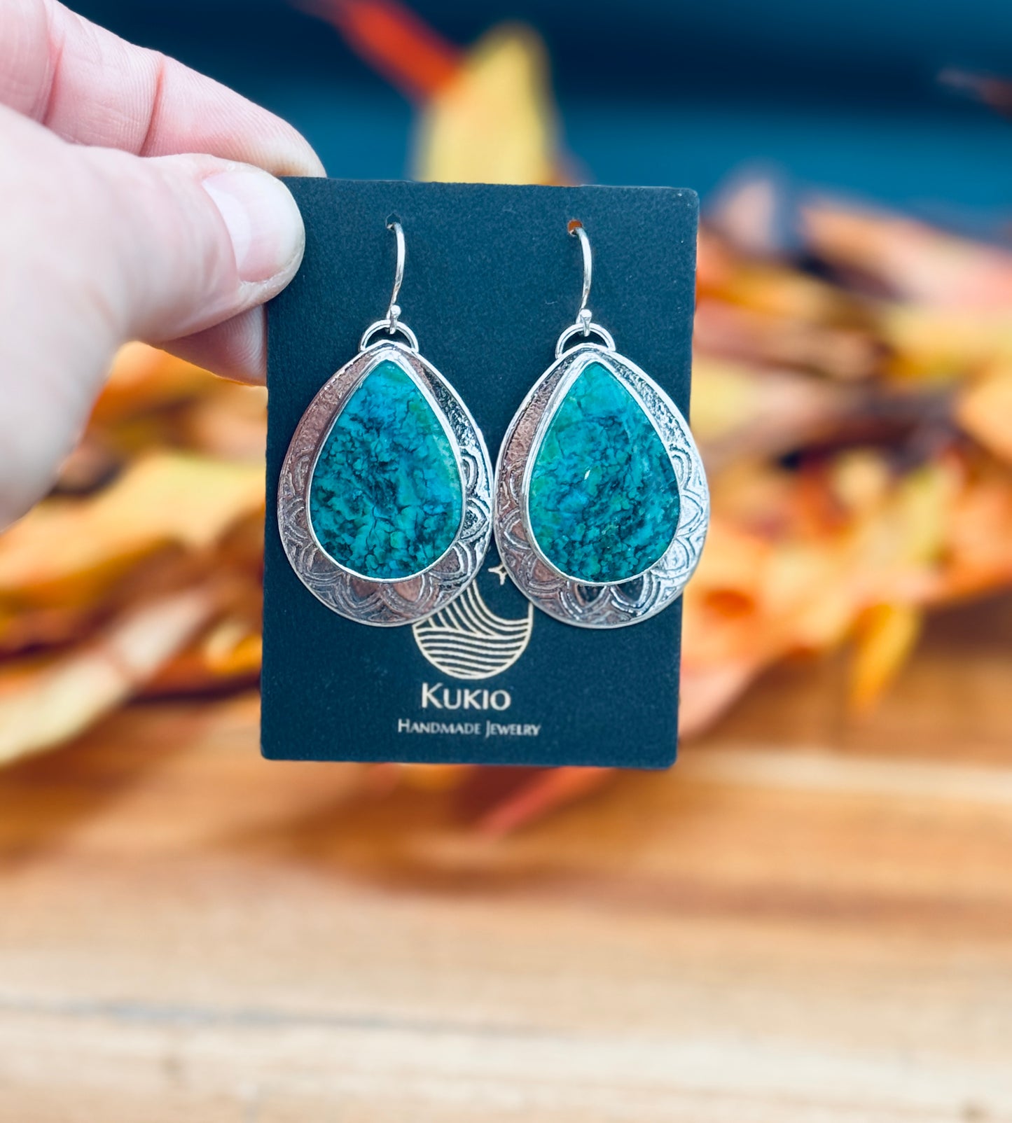 Sterling Silver Patterned Opalized Wood Earrings