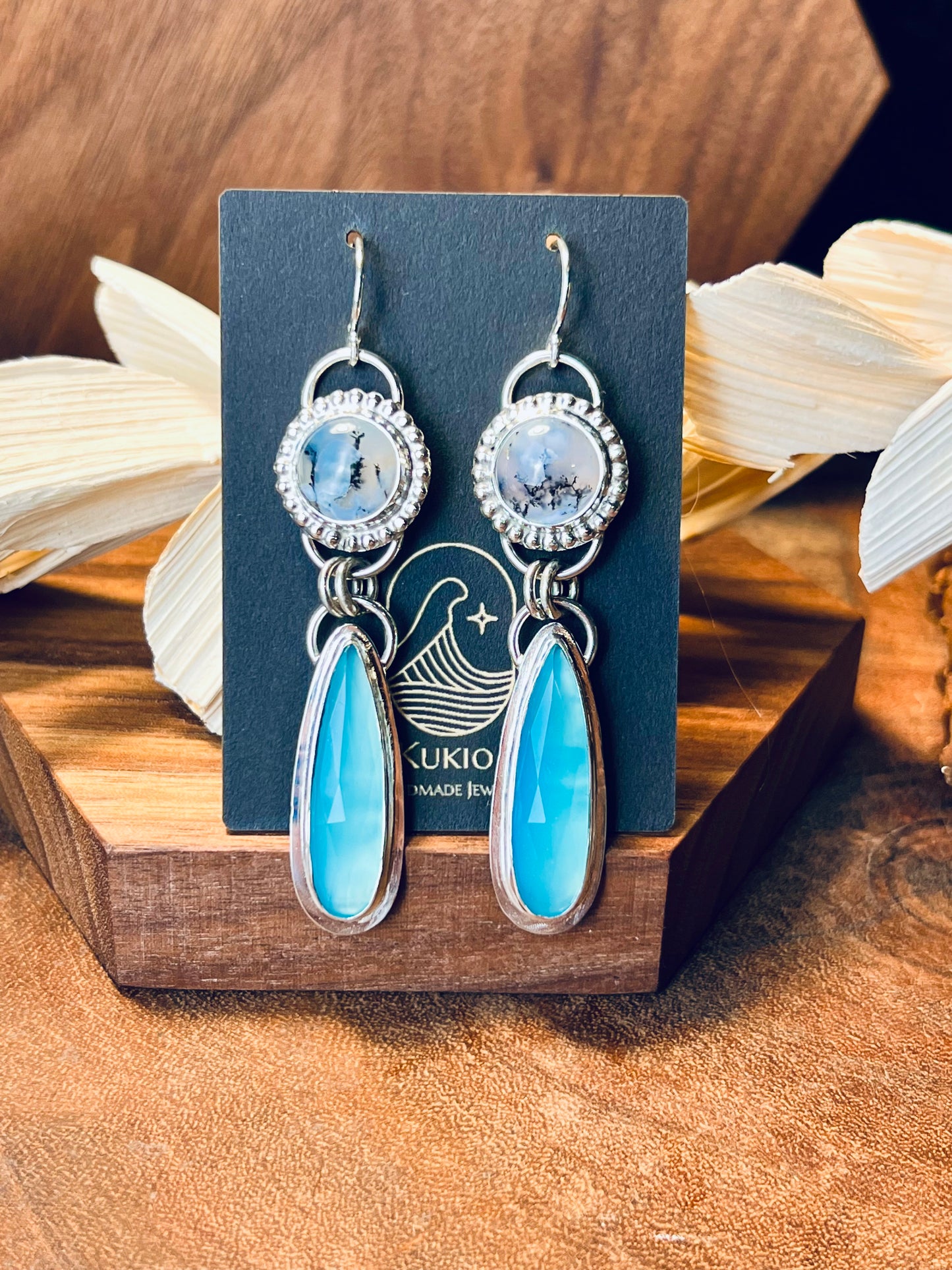 Paraiba Chalcedony and Dendritic Opal Sterling Silver Earrings