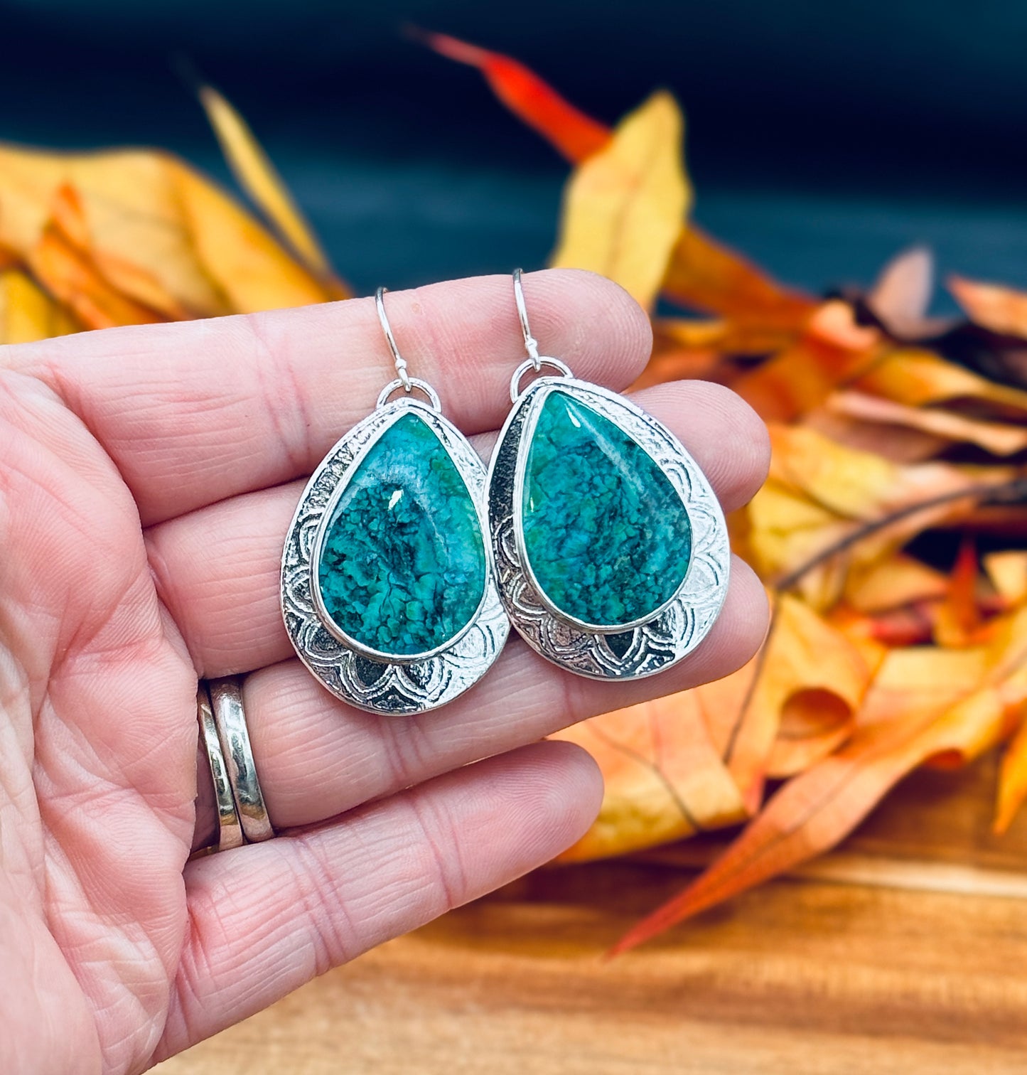 Sterling Silver Patterned Opalized Wood Earrings
