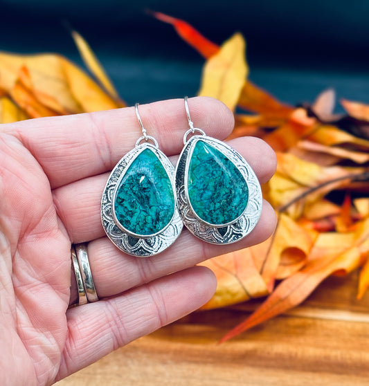 Sterling Silver Patterned Opalized Wood Earrings