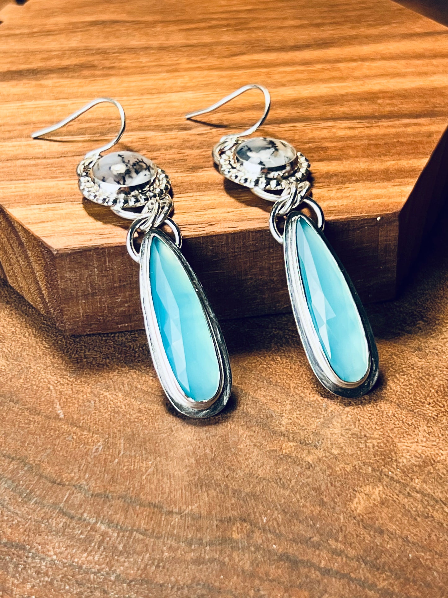 Paraiba Chalcedony and Dendritic Opal Sterling Silver Earrings