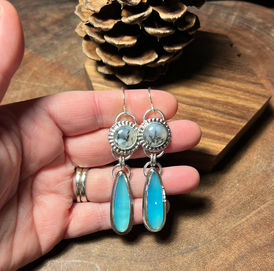 Paraiba Chalcedony and Dendritic Opal Sterling Silver Earrings