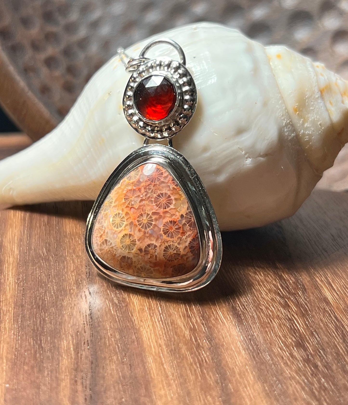 Fossilized Coral and Garnet Sterling Silver Pendant
