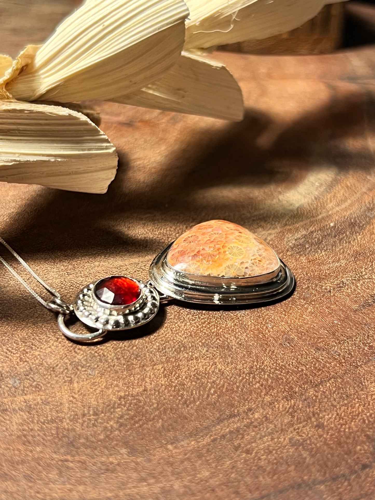 Fossilized Coral and Garnet Sterling Silver Pendant