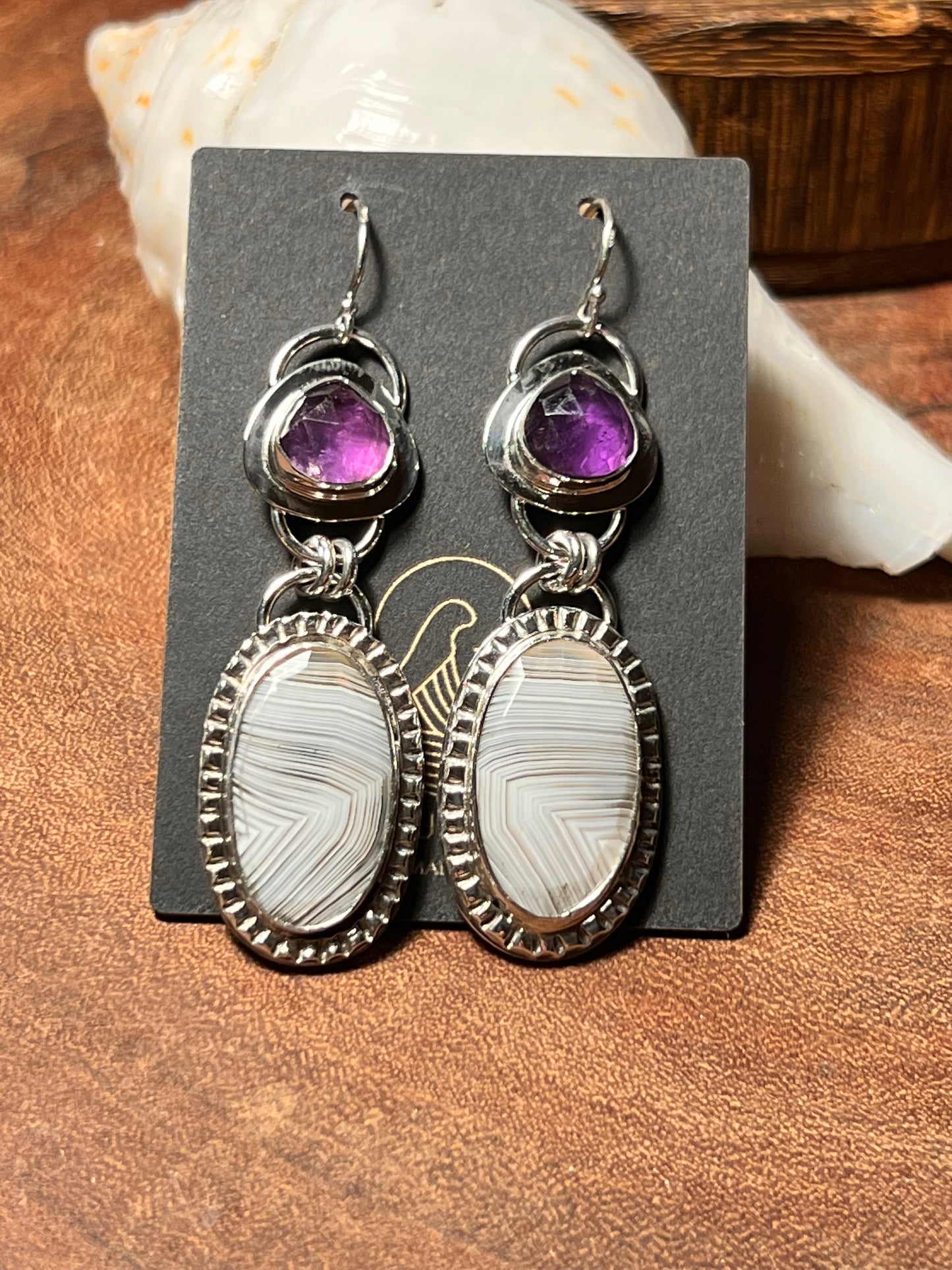 Banded Agate and Amethyst Sterling Silver Earrings