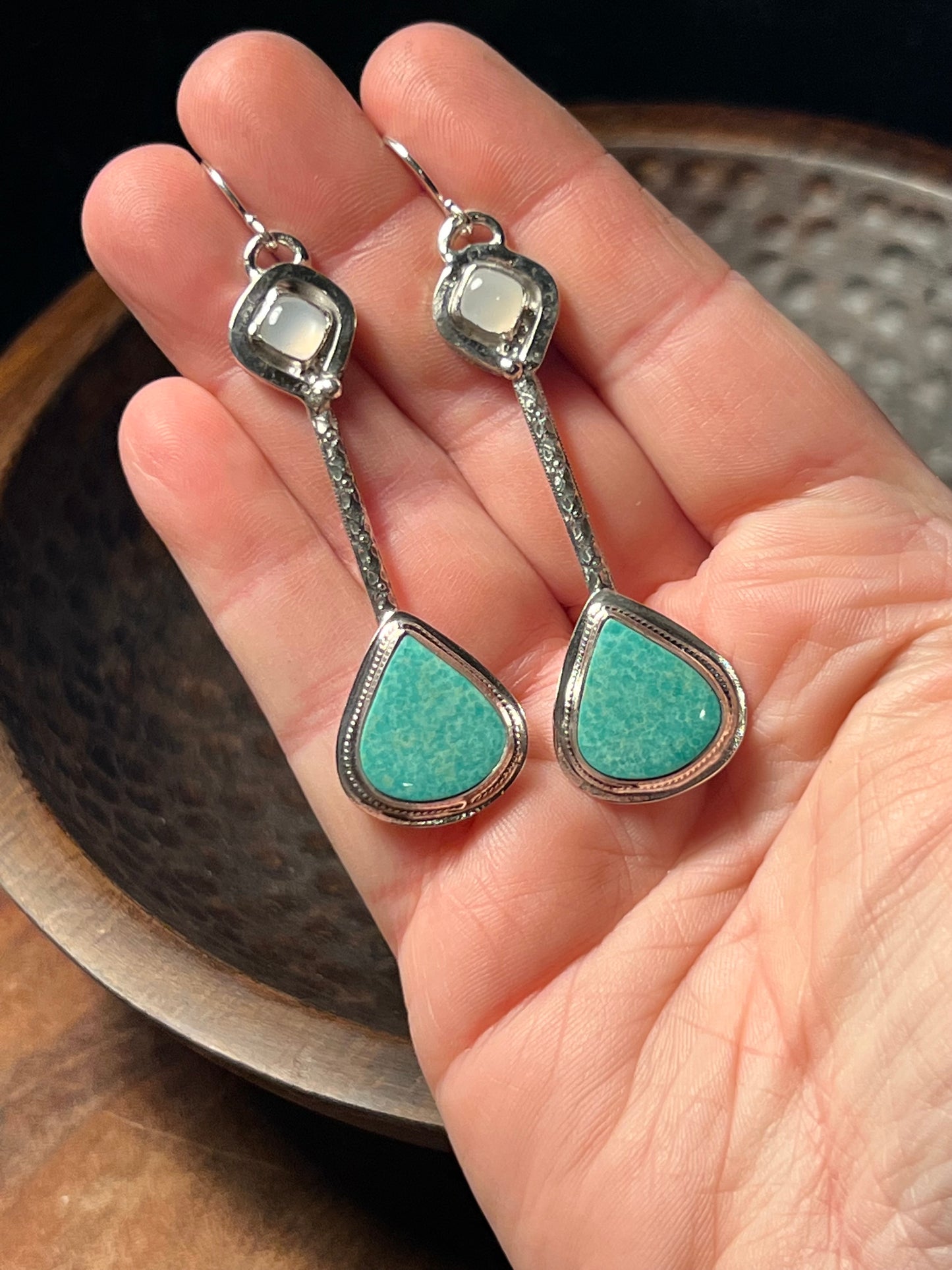 Hubei Turquoise and Moonstone Sterling Silver Patterned Earrings