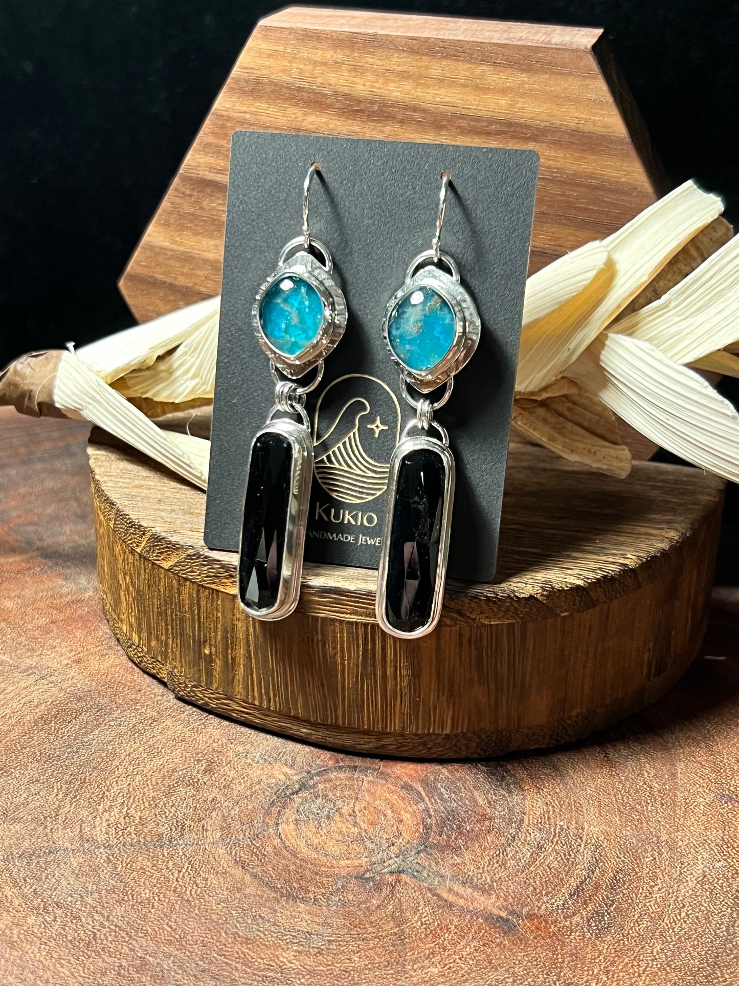 Black Onyx and Neon Apatite Doublet Sterling Silver Earrings