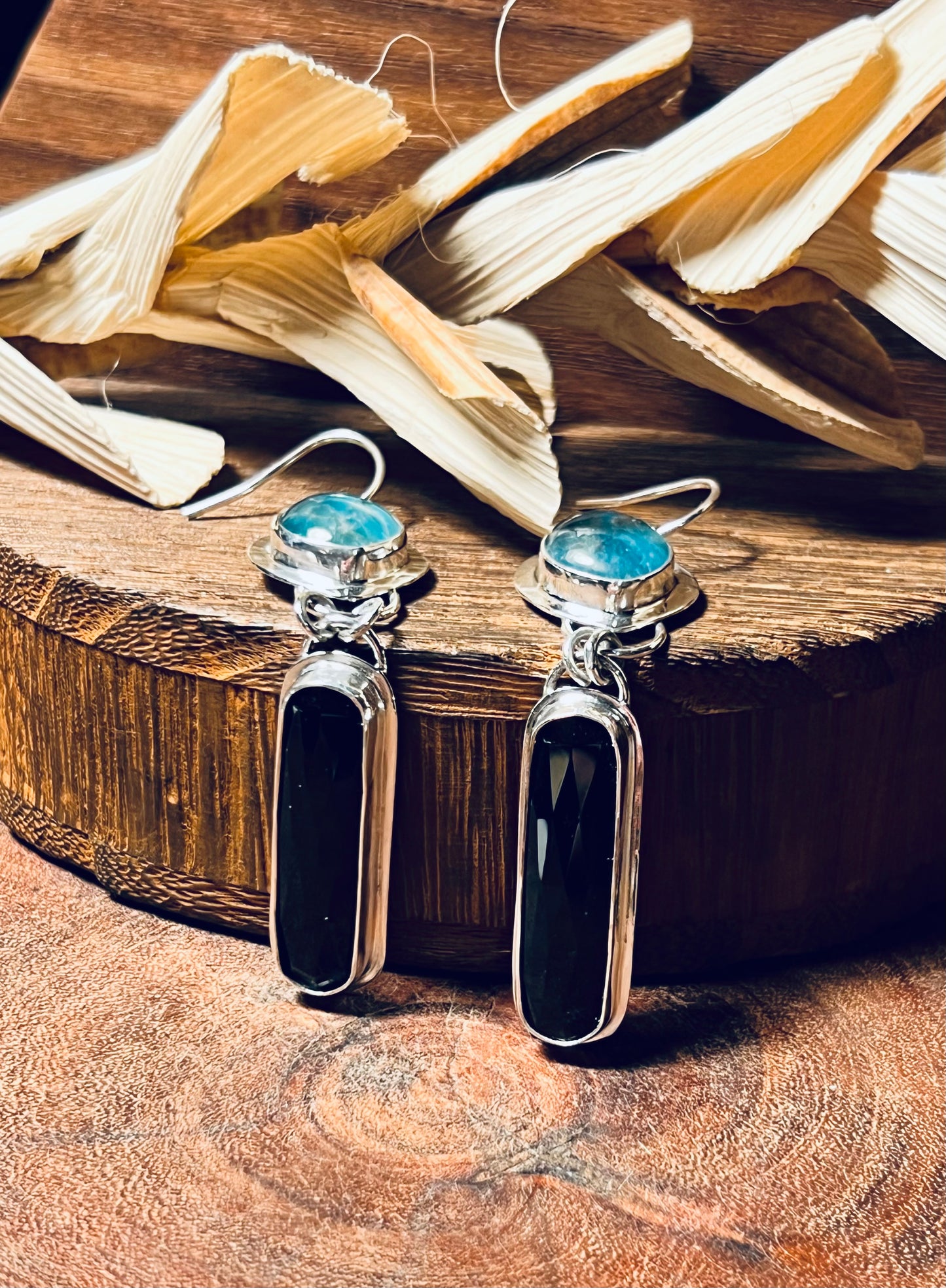 Black Onyx and Neon Apatite Doublet Sterling Silver Earrings