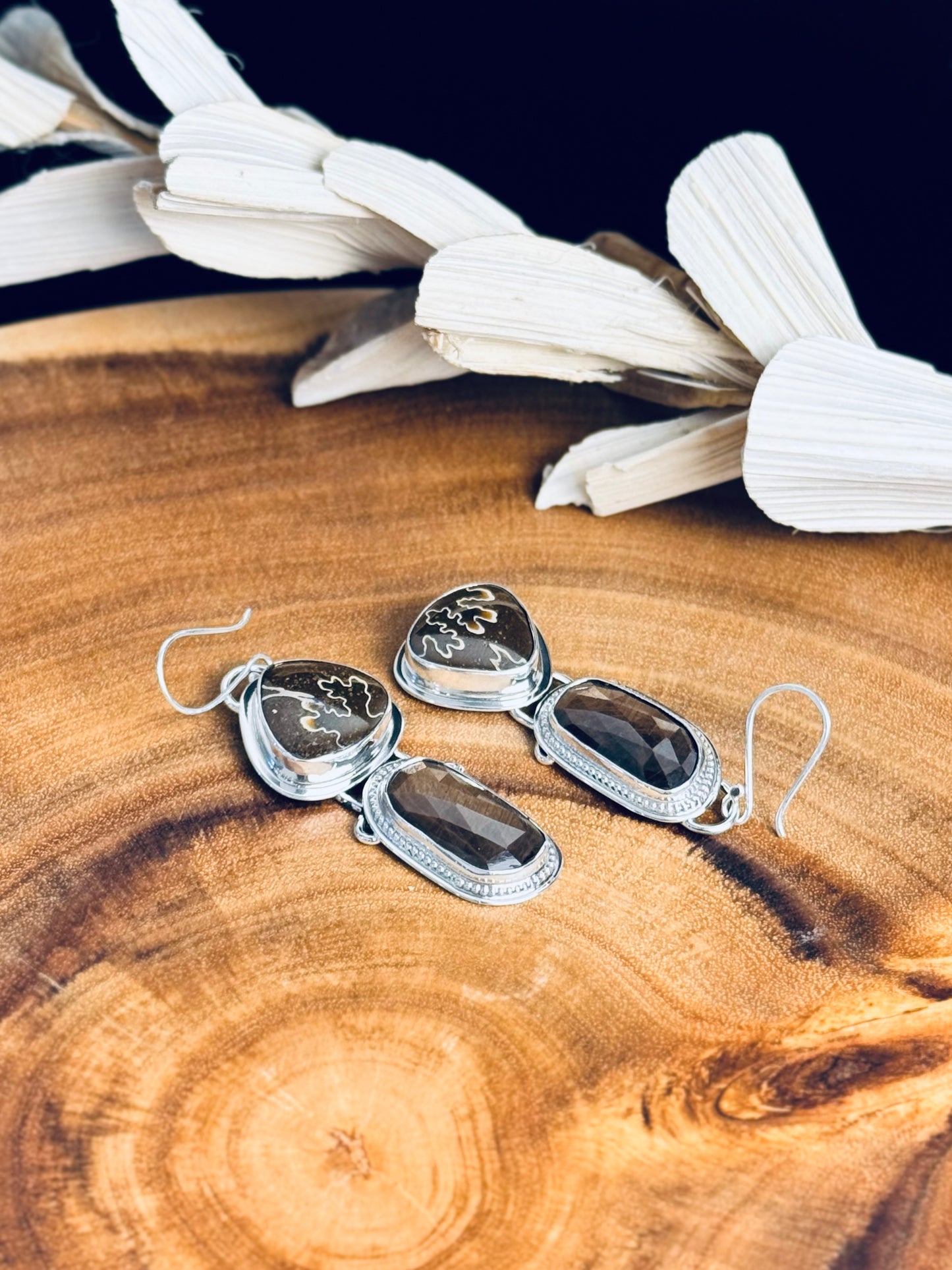 Sterling Silver Ammonite and Gold Sheen Sapphire Earrings