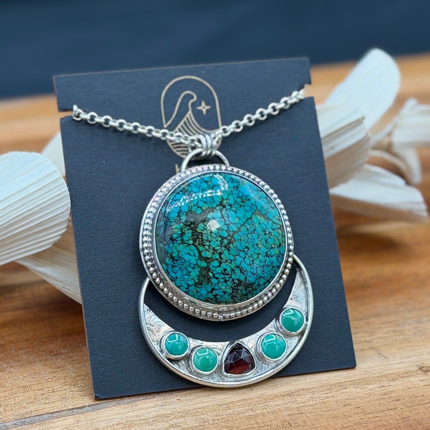 Hubei Turquoise with Turquoise and Garnet Sterling Silver Pendant