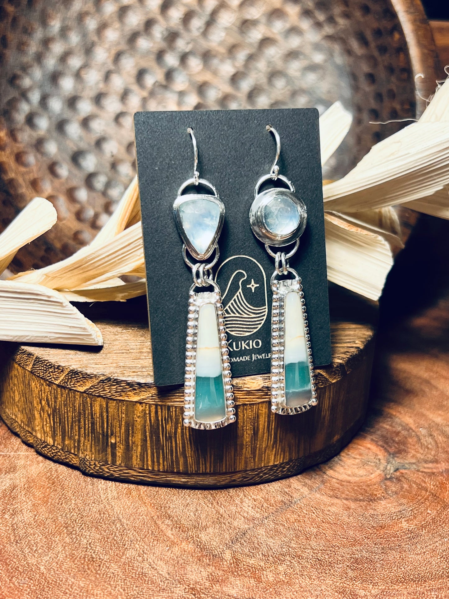 Blue Opalized Wood and Aquamarine Sterling Silver Earrings