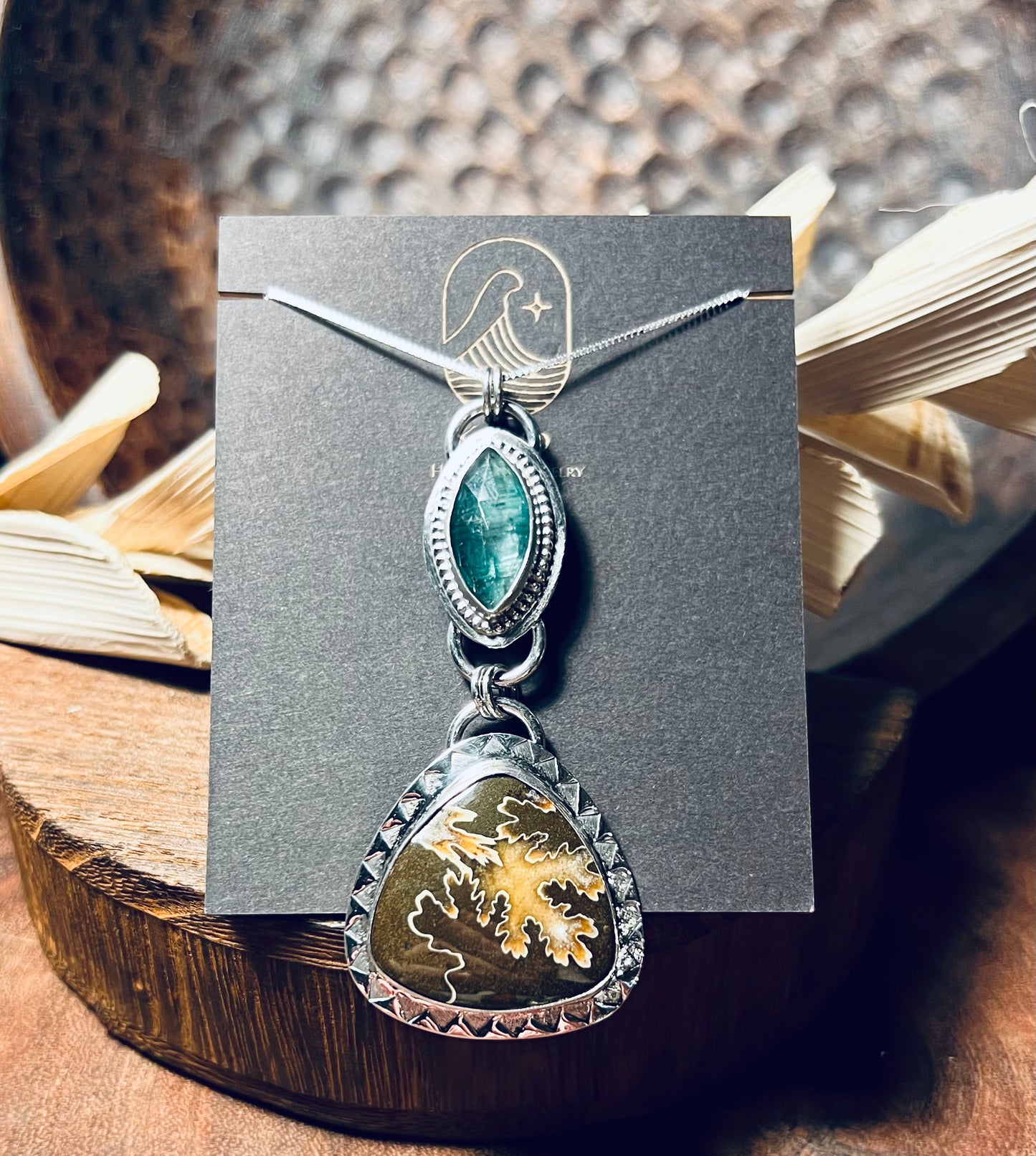 Ammonite and Emerald Green Kyanite Sterling Silver Pendant