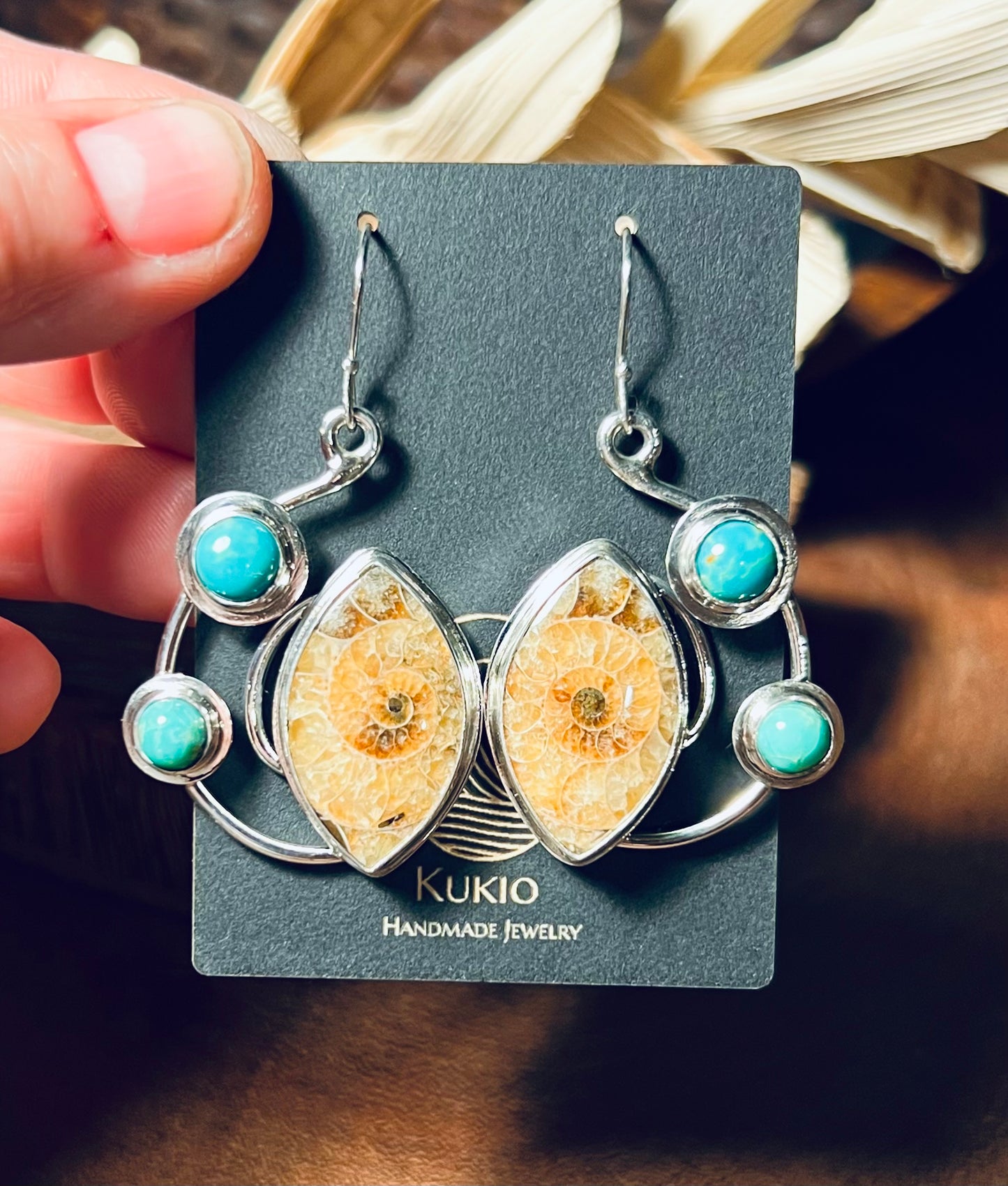 Golden Ammonite and Turquoise Sterling Silver Earrings