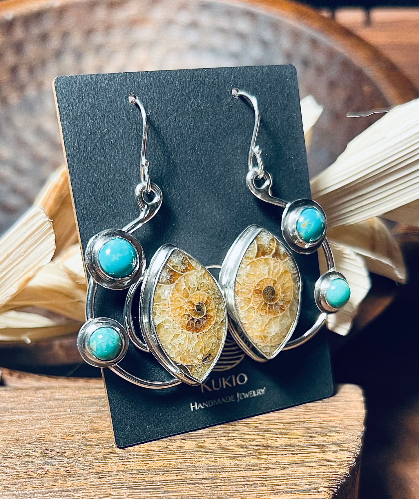 Golden Ammonite and Turquoise Sterling Silver Earrings