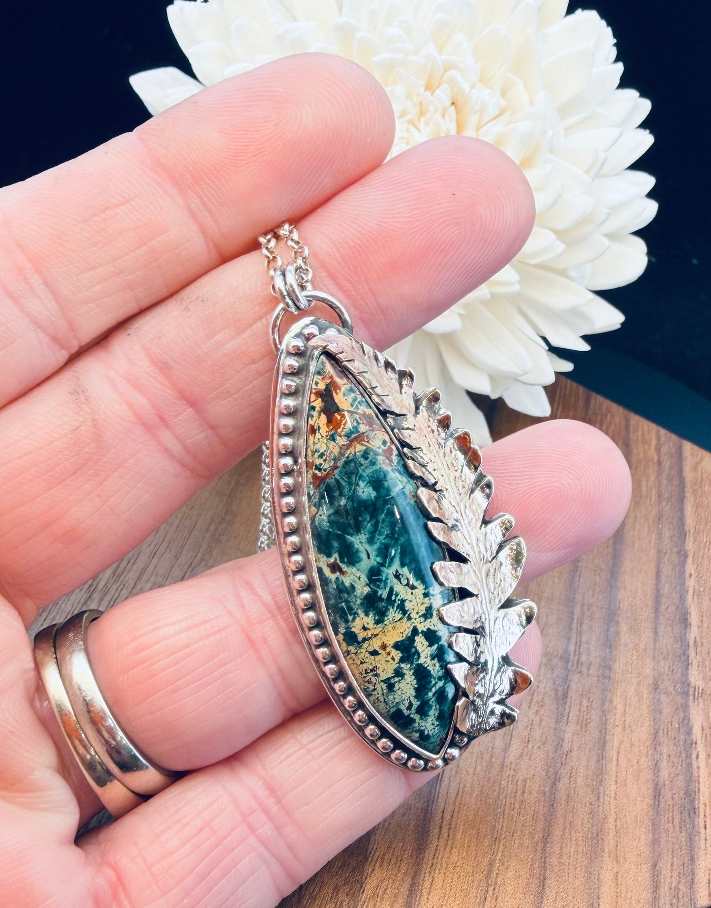 Sterling Silver Morning Dew Jasper with Brass Fern Leaf