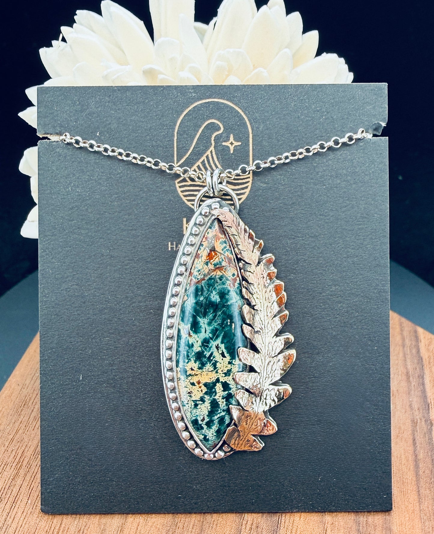 Sterling Silver Morning Dew Jasper with Brass Fern Leaf